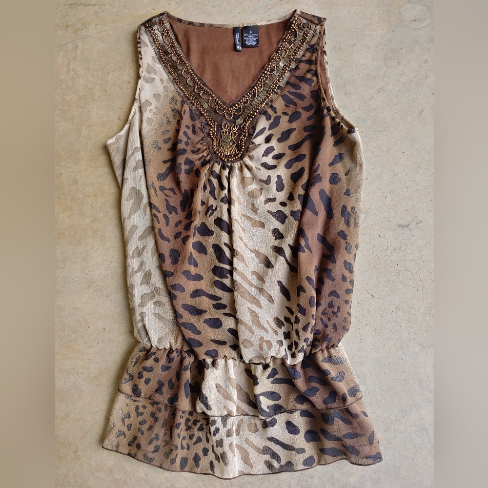 Vintage New Directions Y2K Leopard Animal Beaded Sequins Bohemian Camisoles Top